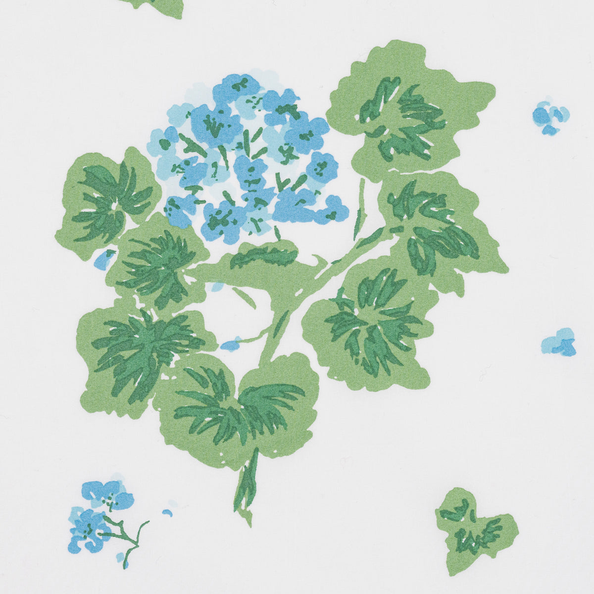 Illustration of blue flowers and green leaves on a light background