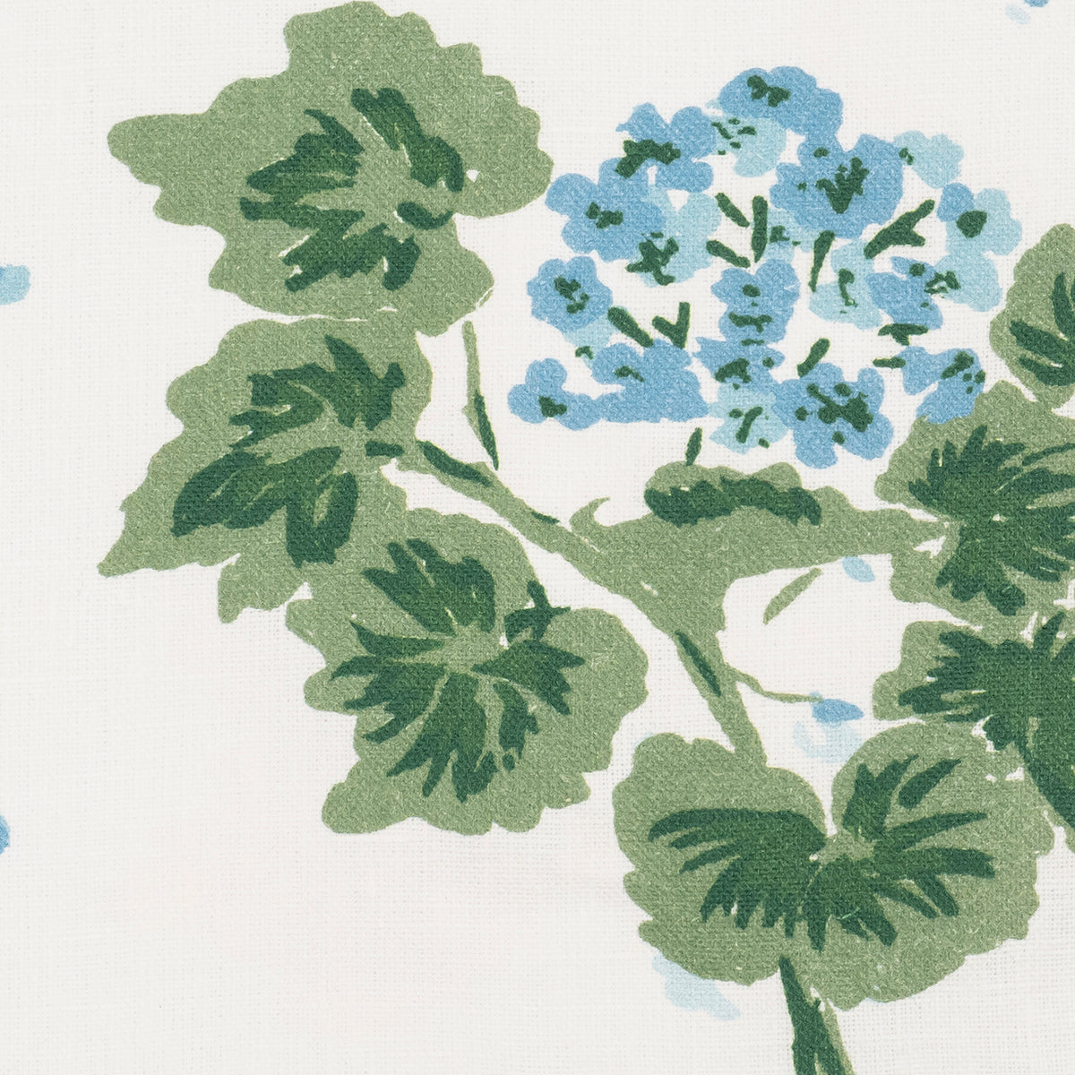 Close-up of a floral pattern with blue flowers and green leaves on a white background