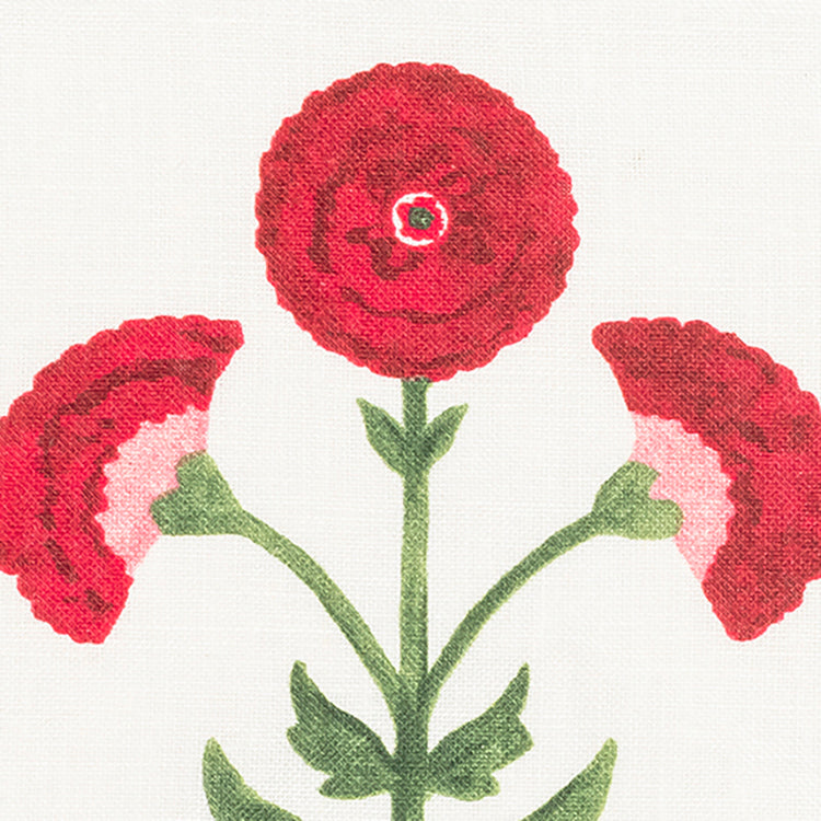 Illustration of a red flower with three blooms and green stems, inspired by luxury kitchen apron designs.