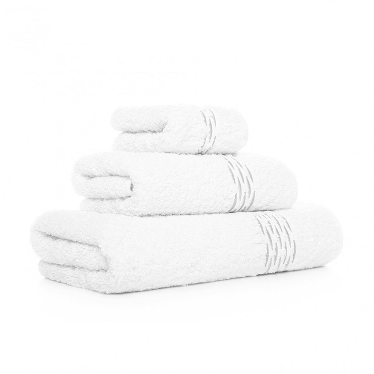 Corner View of Stack of Graccioza Alhambra Bath Towels in White Silver Color
