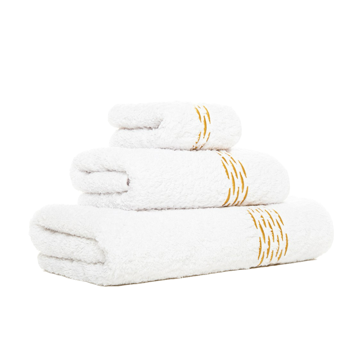 Side View of Stack of White Gold Graccioza Alhambra Bath Towels