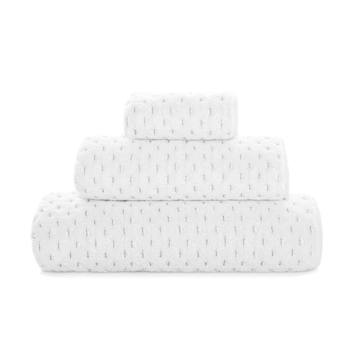 Stack of Graccioza Alice Bath Towels in White and Sea Mist colors