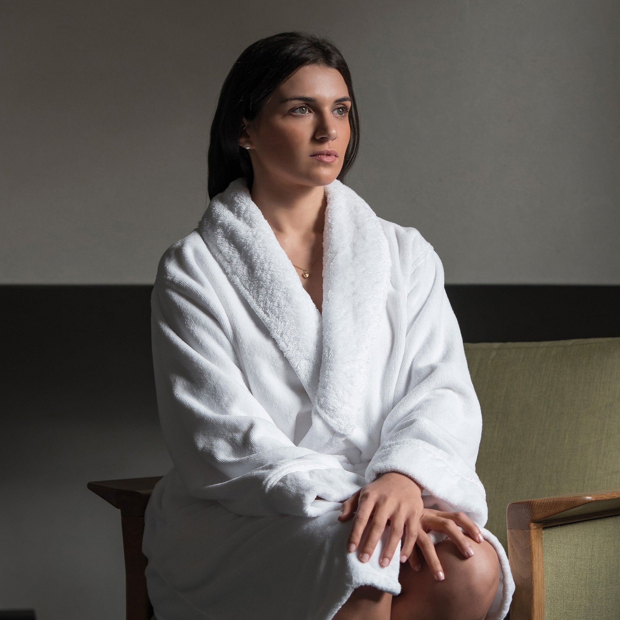 Model Wearing Graccioza Egoist Bath Robe in White Color