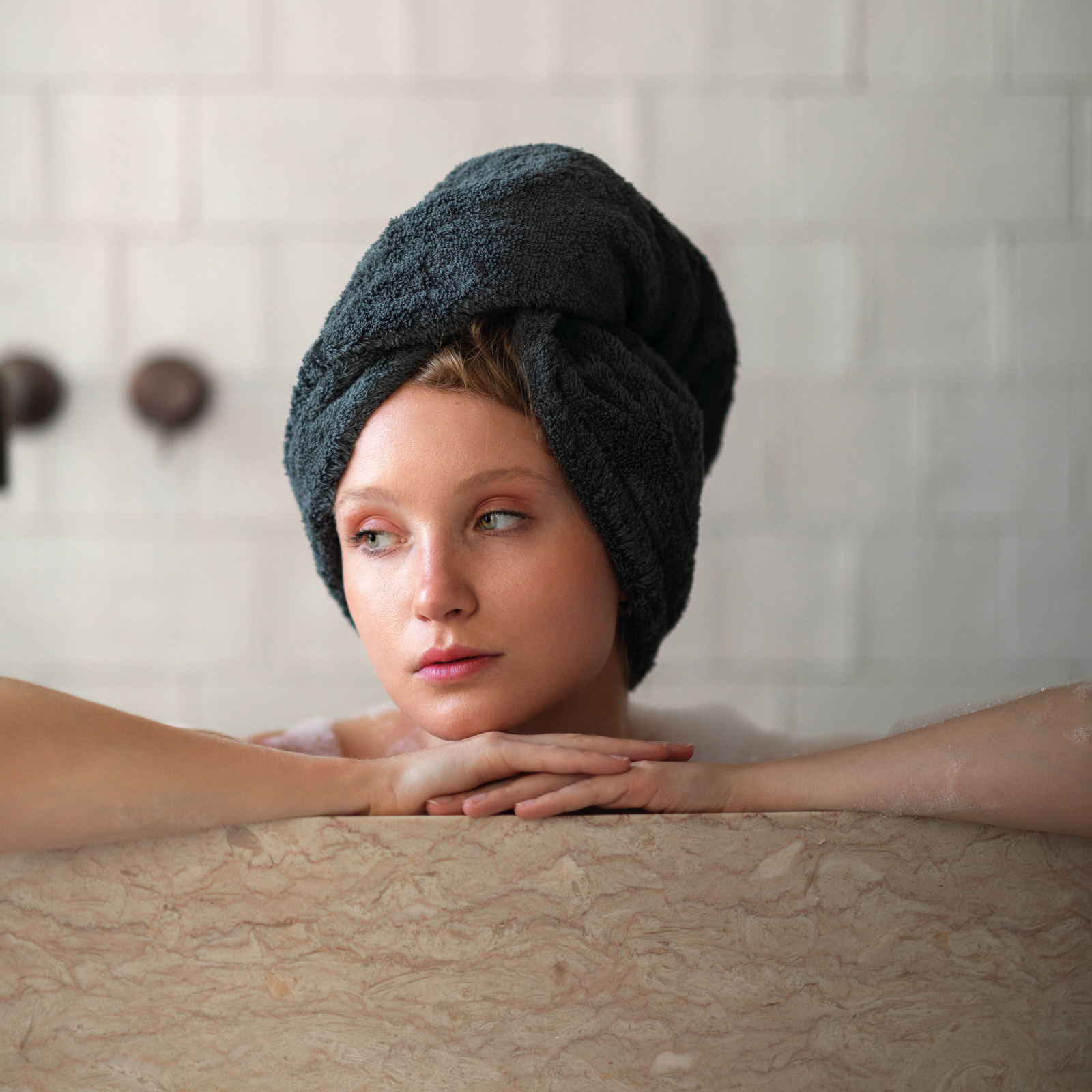 Woman wearing Graccioza Egoist Hair Towel in Storm