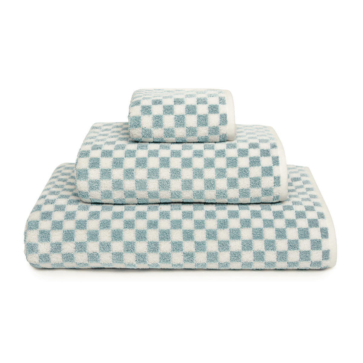 Stack of Graccioza Estoril Bath Towels in Seamist and Snow colors