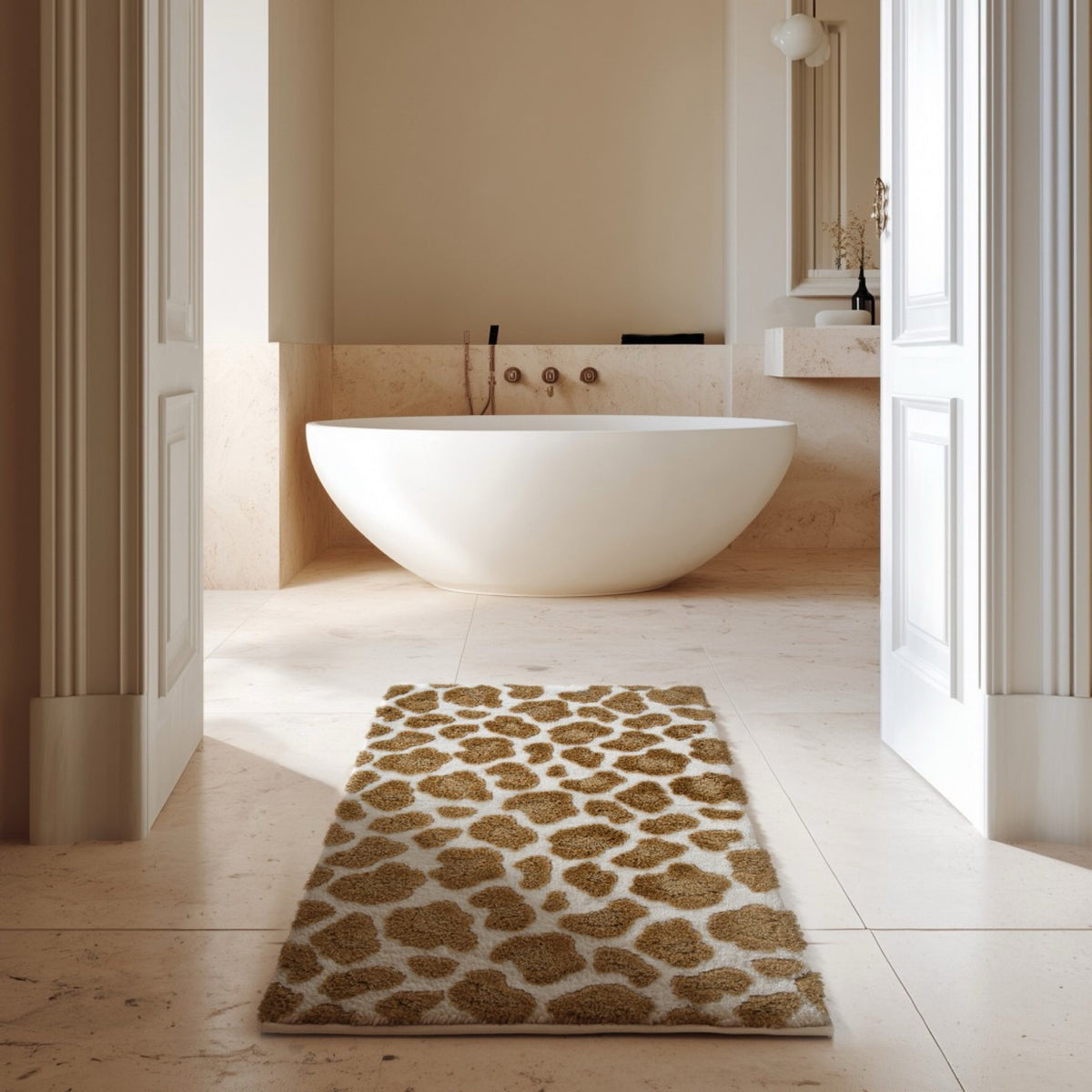 Graccioza Giraffe Bath Rug on a luxurious bathroom floor