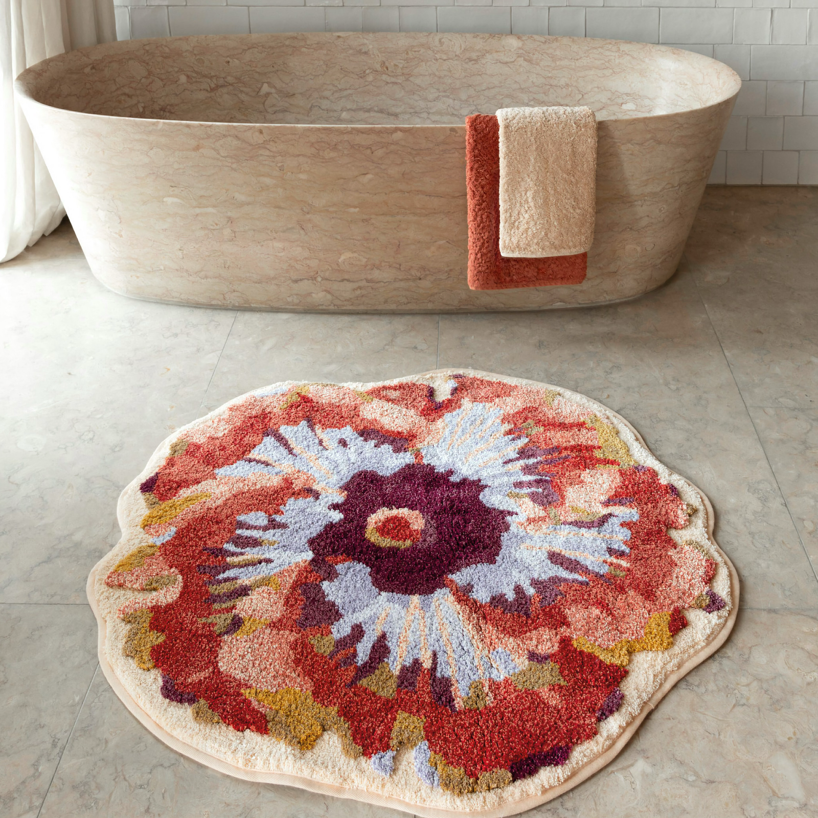 Graccioza Hibiscus Bath Rug on a bathroom floor