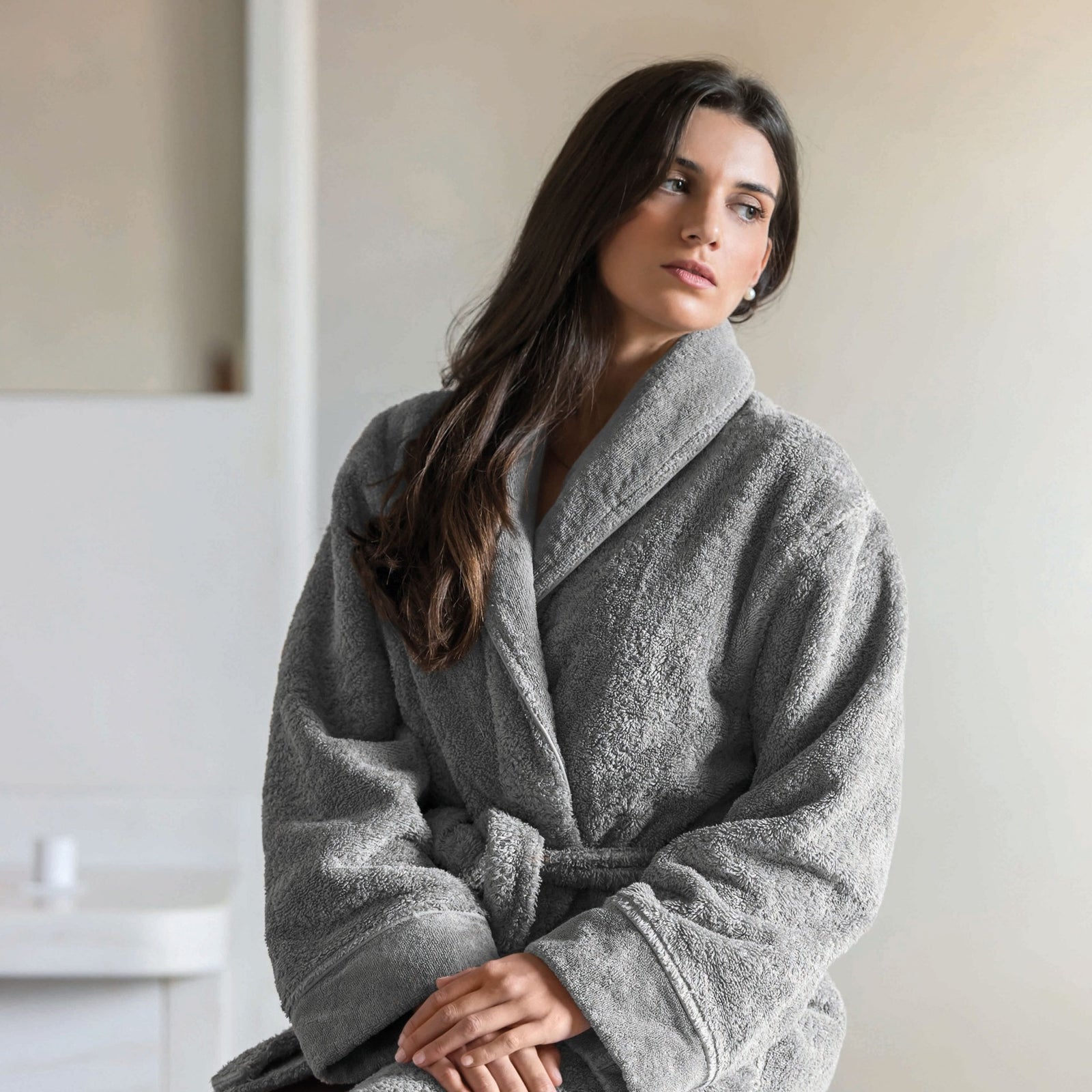 Model Wearing Graccioza Long Double Loop Bath Robe in Silver Color