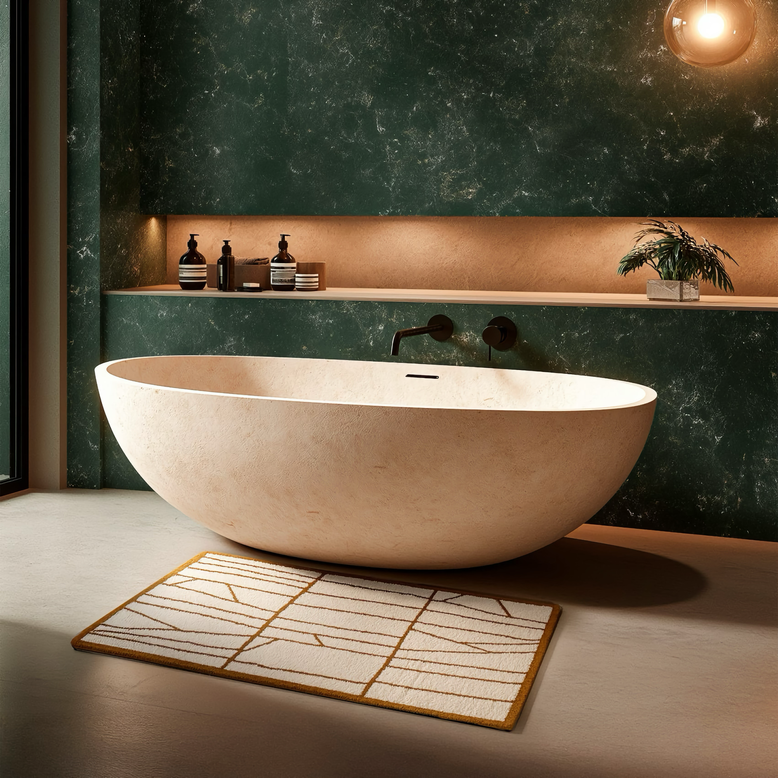 Gold Graccioza Modest Bath Rug beside a luxurious bath tub