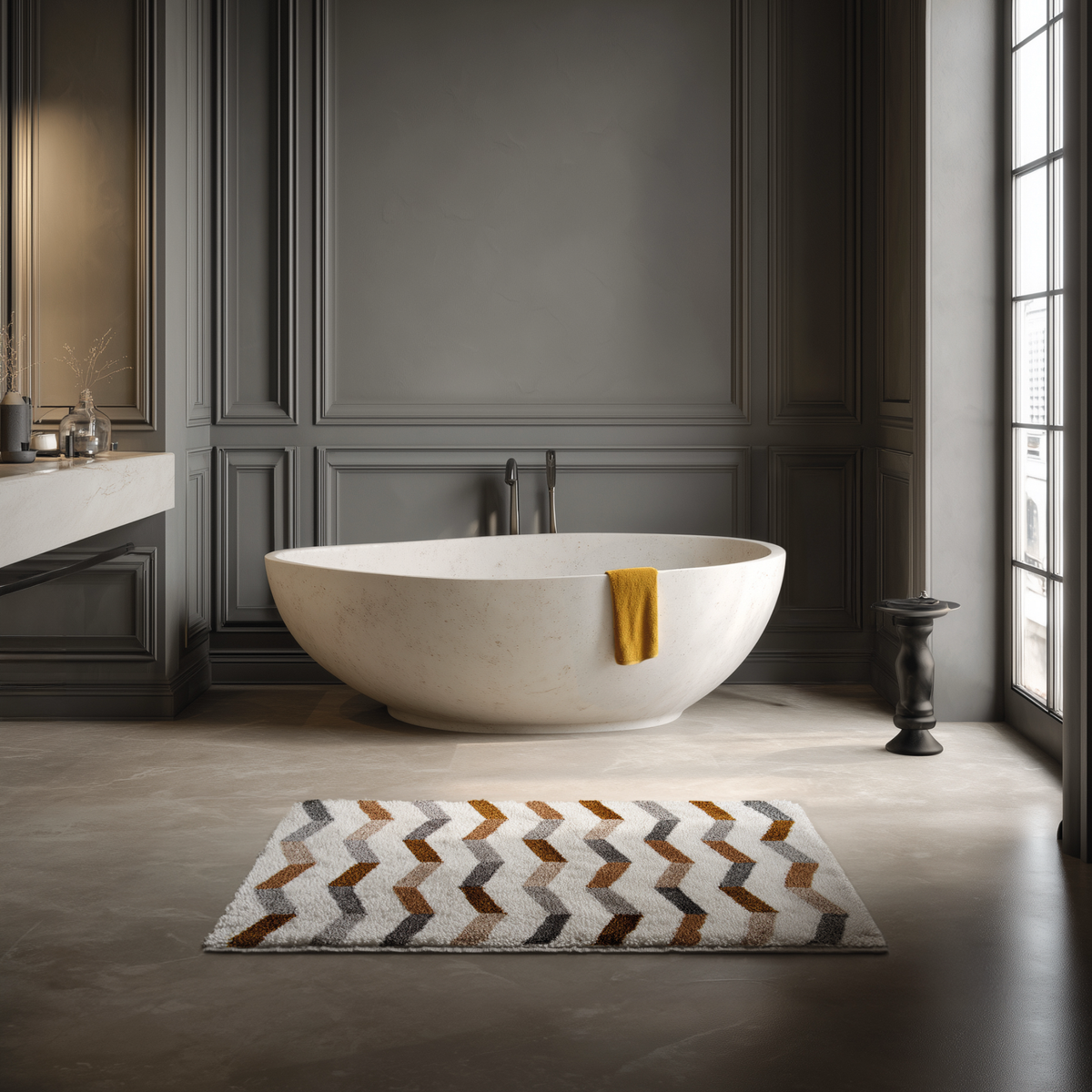 Graccioza Verona Bath Rug with Camel color Egoist Bath Towel on a tub