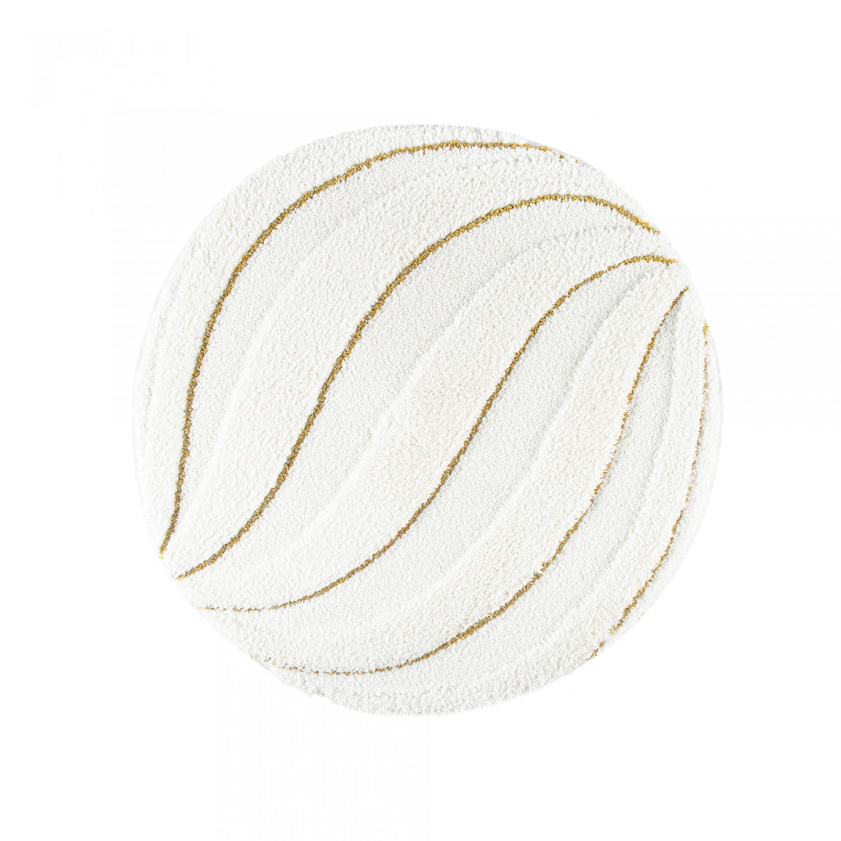 A round Graccioza Enchant bath rug in white with curved gold accent lines.