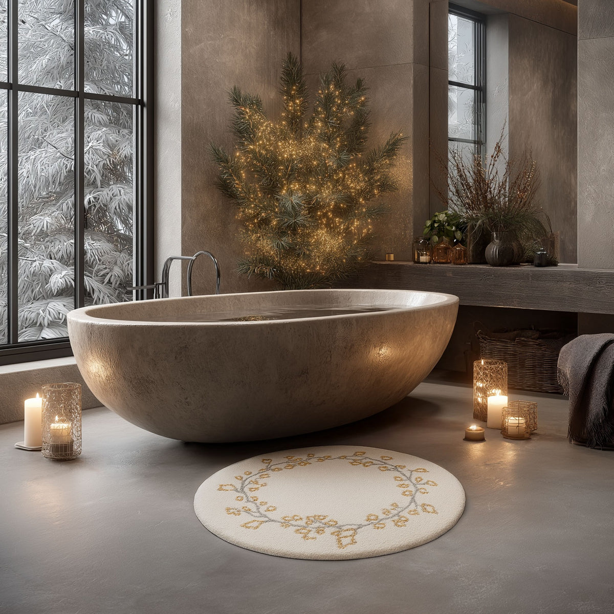 Graccioza Merry Bath Rug in front of a bath rub with a christmas tree in the background