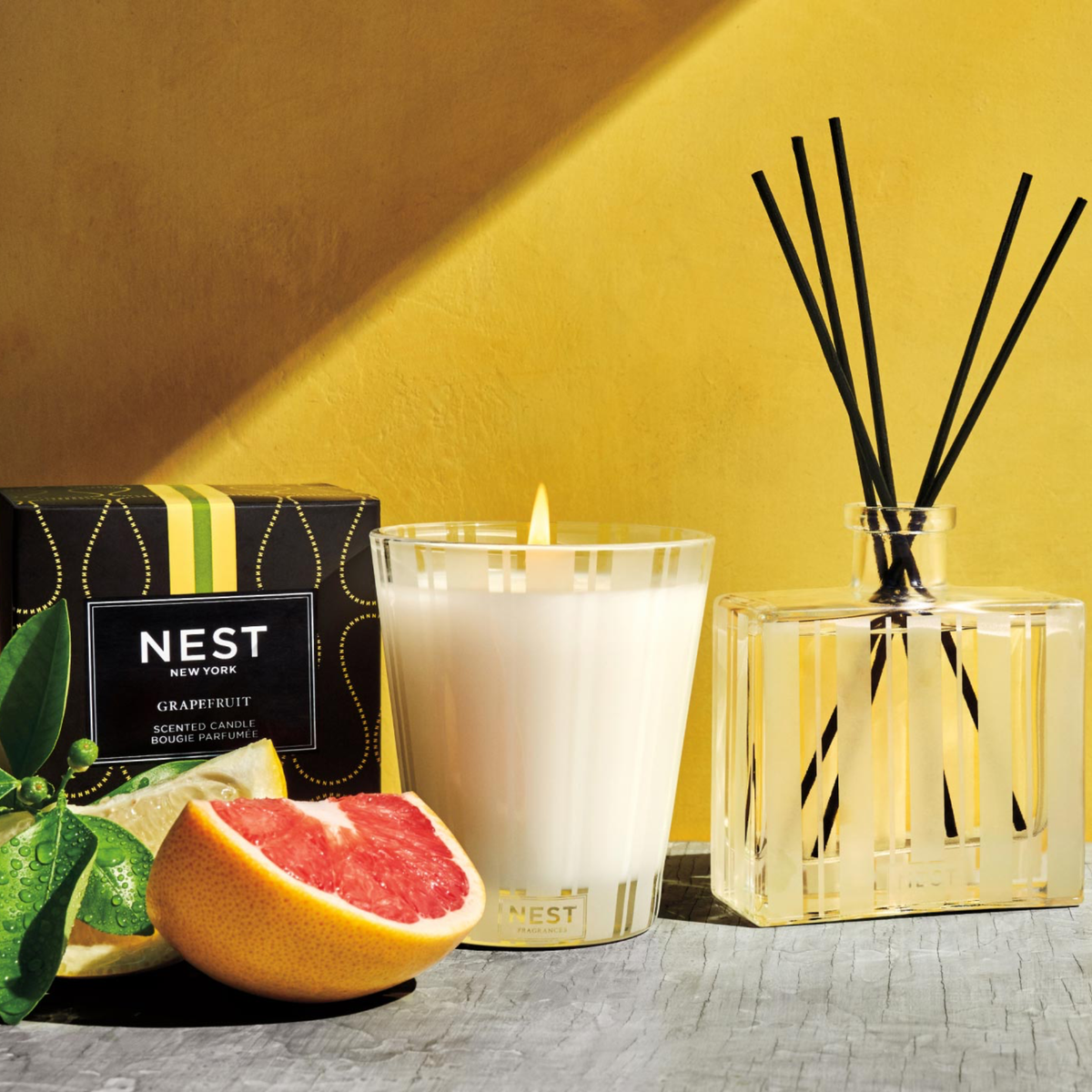 Lifestyle Photo of Nest New York’s Grapefruit Classic Candle with Reed Diffuser
