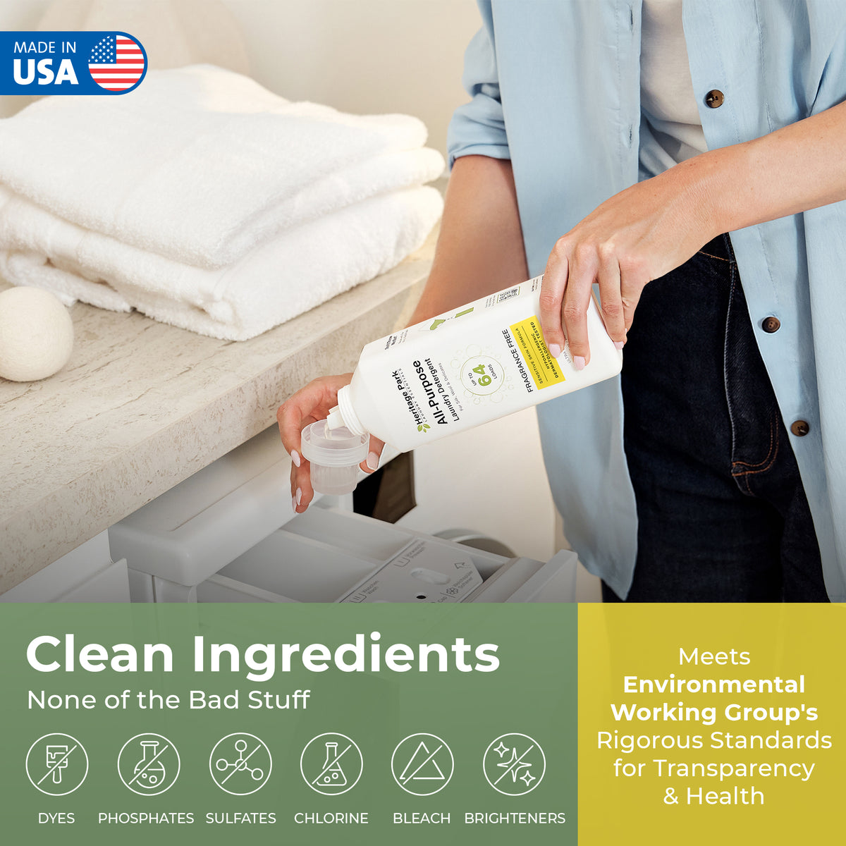 Person pouring a bottle of Non-toxic environment friendly all purpose fragrance free laundry detergent into a washing machine.