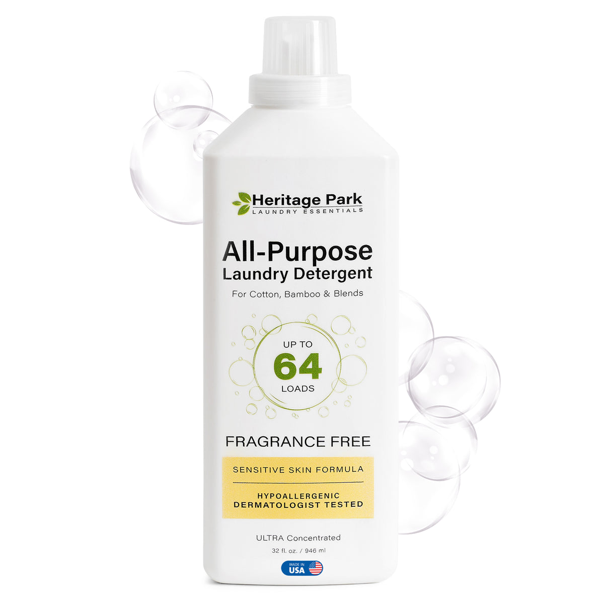 32oz bottle of Fragrance Free Heritage Park Luxury All Purpose Laundry Detergent with bubbles in background