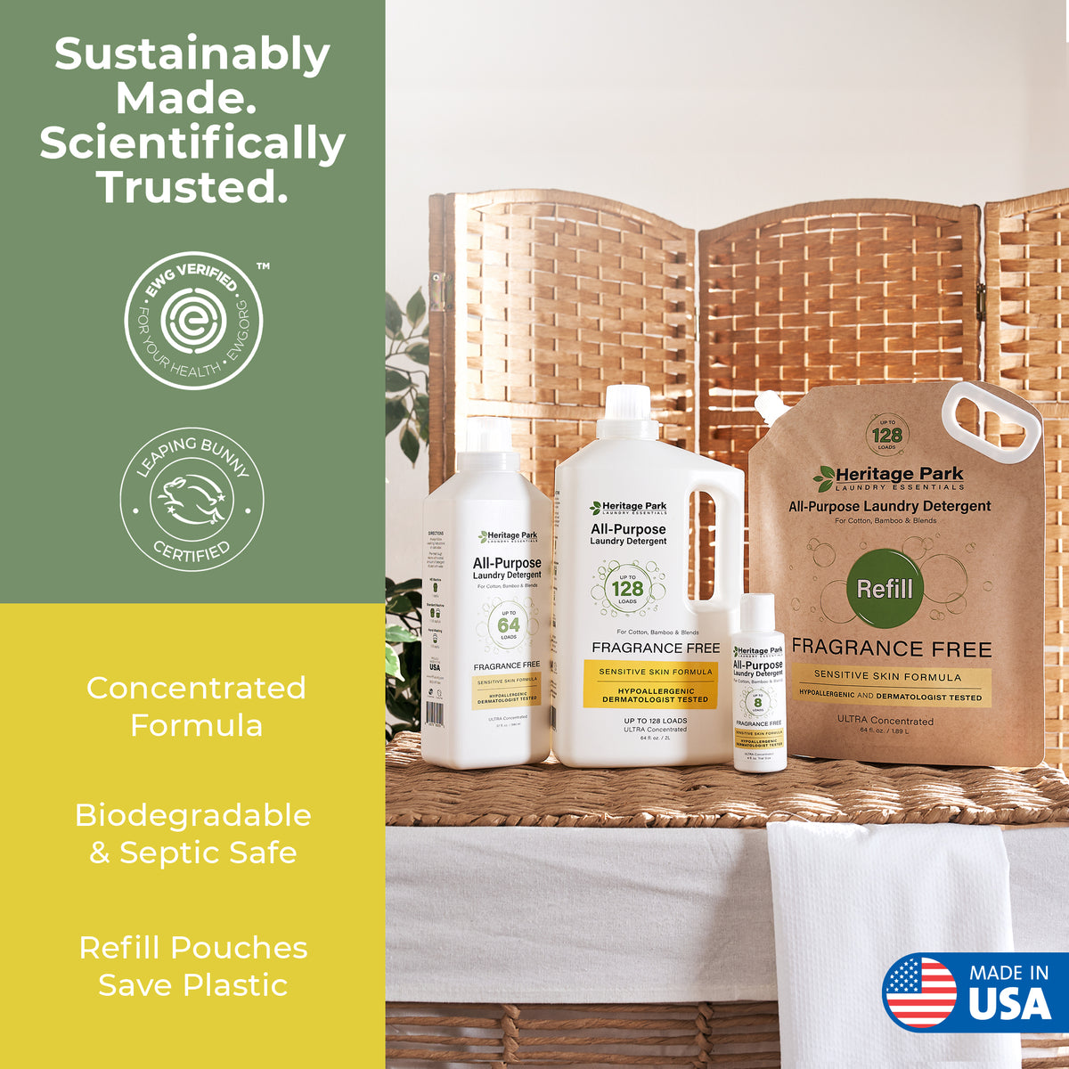 All purpose fragrance free Heritage Park laundry detergent products with a text highlighting sustainability and product features.