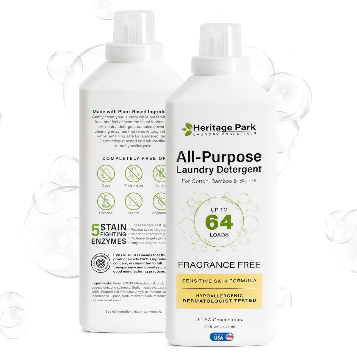 Back and front images of Heritage Park All Purpose Fragrance Free 32oz bottle