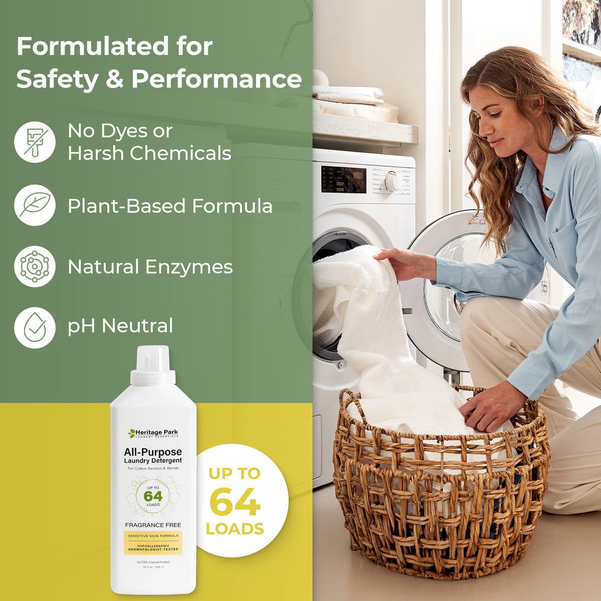 Woman loading laundry into a washing machine using an unscented Heritage Park detergent with natural formula