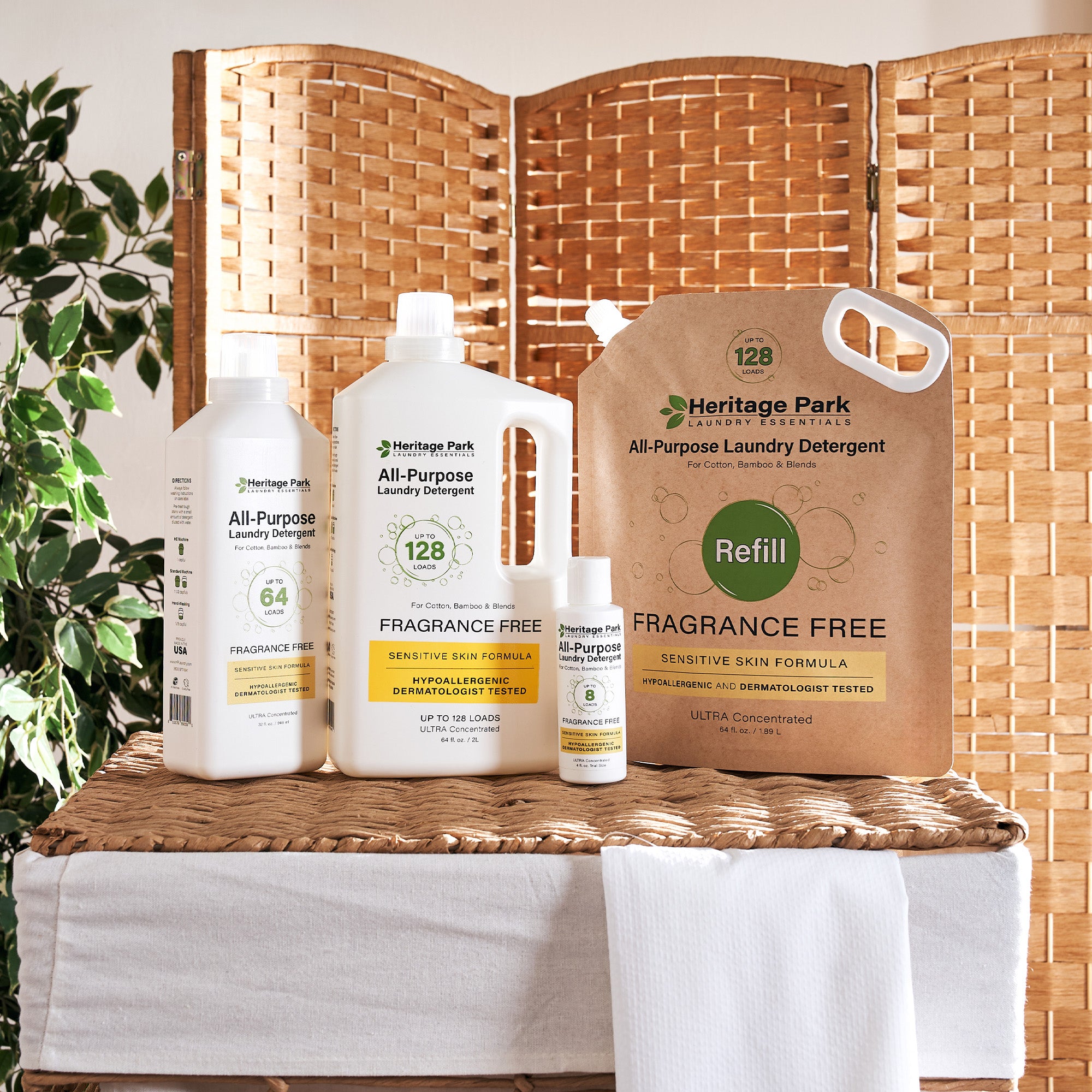 Bottle Sizes and Refill Pack of Fragrance Free Heritage Park Luxury All Purpose Laundry Detergent 