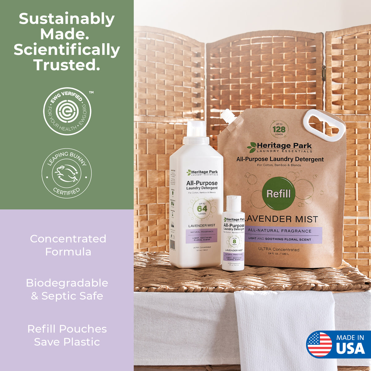 All purpose Lavender Mist Heritage Park laundry detergent products with a text highlighting sustainability and product features.
