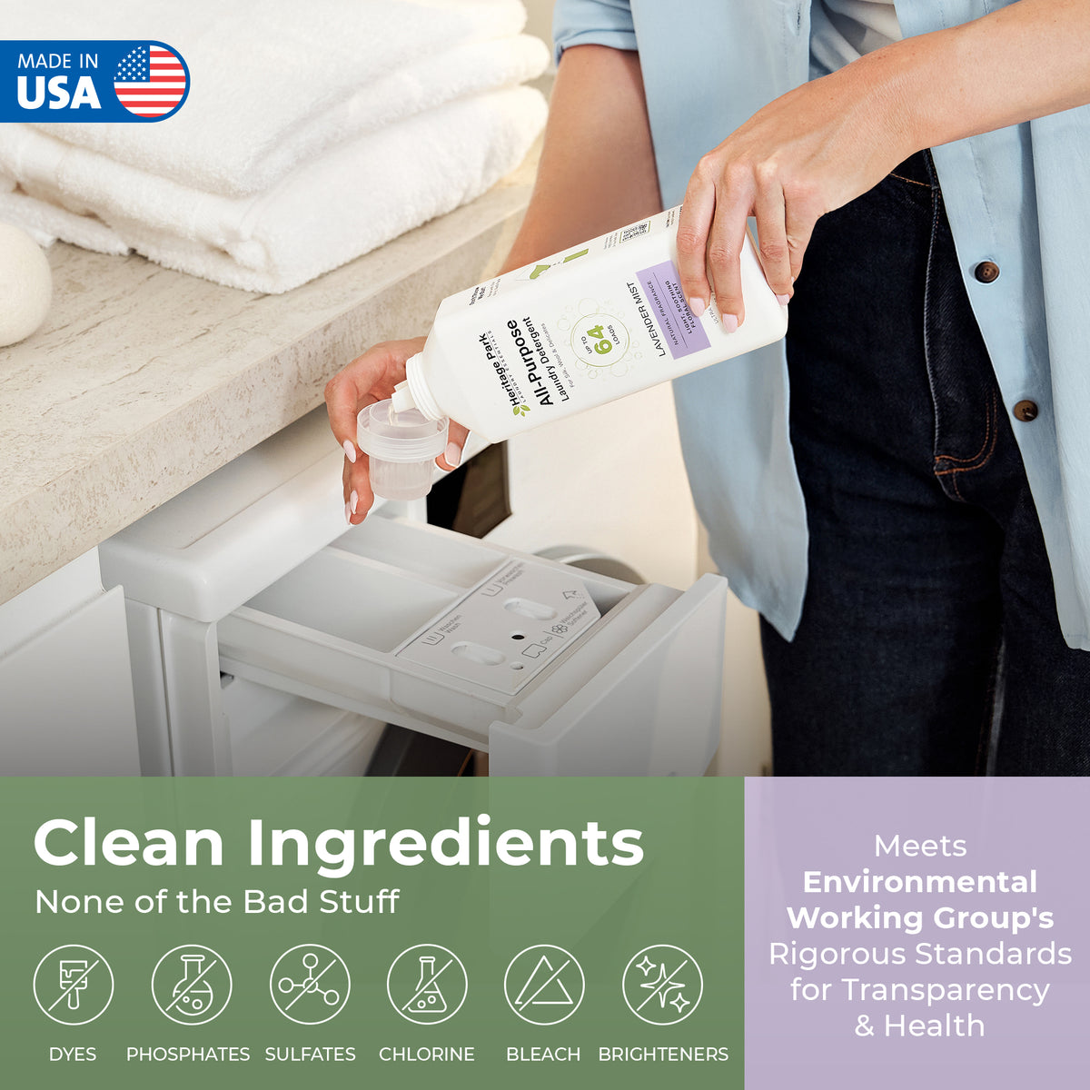 Person pouring a bottle of Non-toxic environment friendly all purpose lavender mist scented laundry detergent into a washing machine.