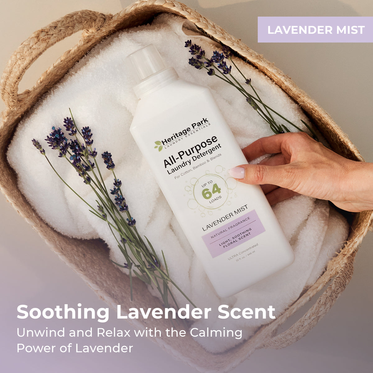 Hand holding a bottle of Heritage Park All-Purpose Lavender Mist Laundry Detergent in a woven basket with text highlighting its fragrance