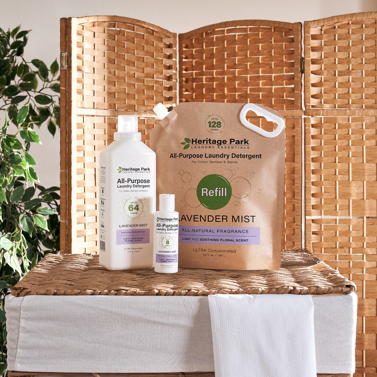 Bottle Sizes and Refill Pack of Heritage Park Luxury All Purpose Laundry Detergent with Lavender Mist Scent