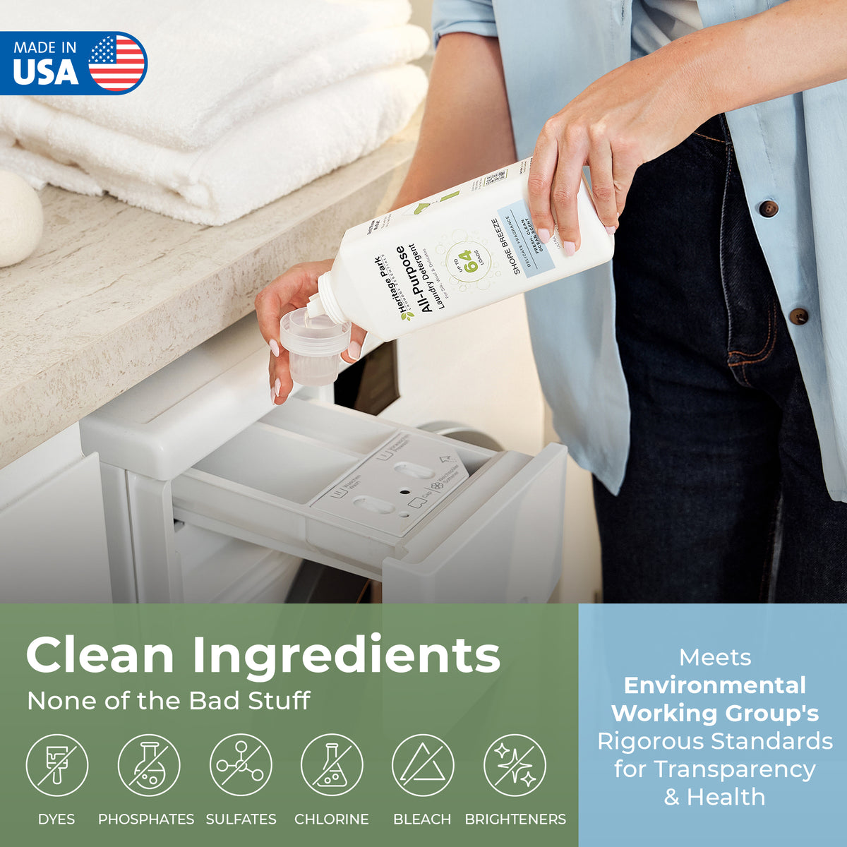 Person pouring a bottle of Non-toxic environment friendly all purpose shore breeze scented laundry detergent into a washing machine.