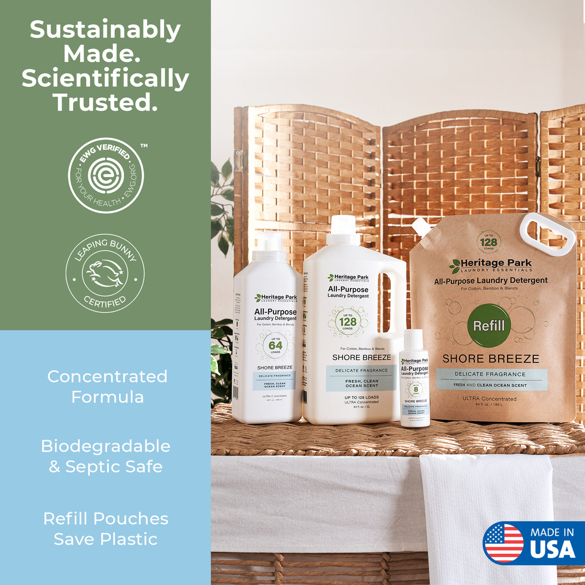 All purpose Shore Breeze Heritage Park laundry detergent products with a text highlighting sustainability and product features.