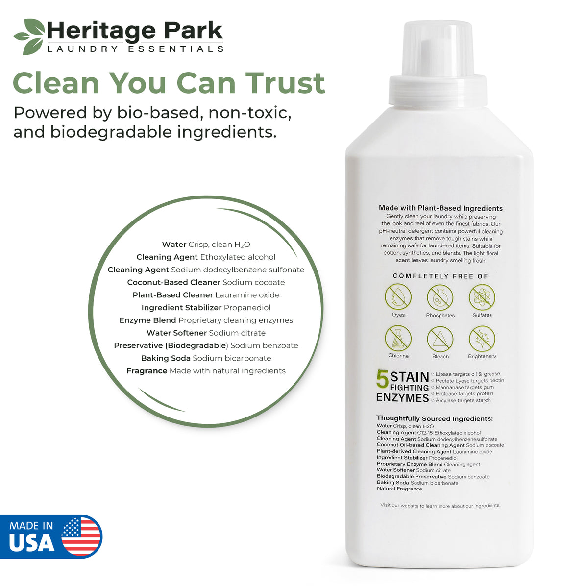 Heritage Park laundry detergent bottle with product details on a white background