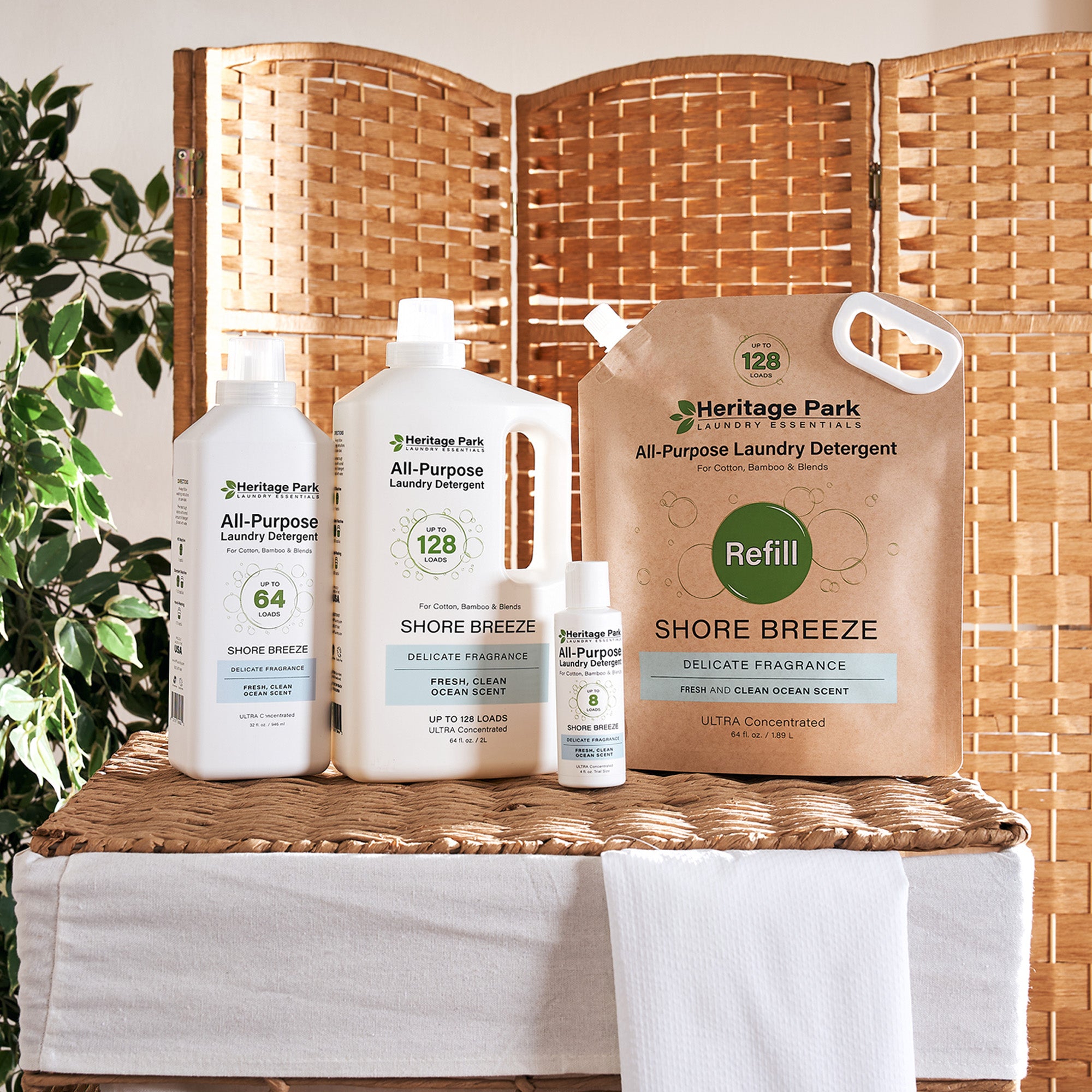Bottle Sizes and Refill Pack of Heritage Park Luxury All Purpose Laundry Detergent with Shore Breeze Scent