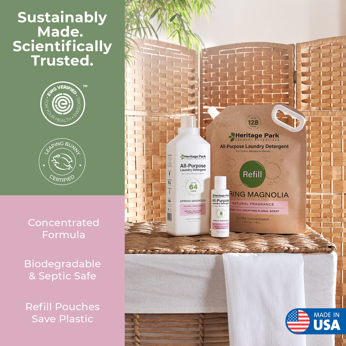 All purpose Spring Magnolia Heritage Park laundry detergent products with a text highlighting sustainability and product features.