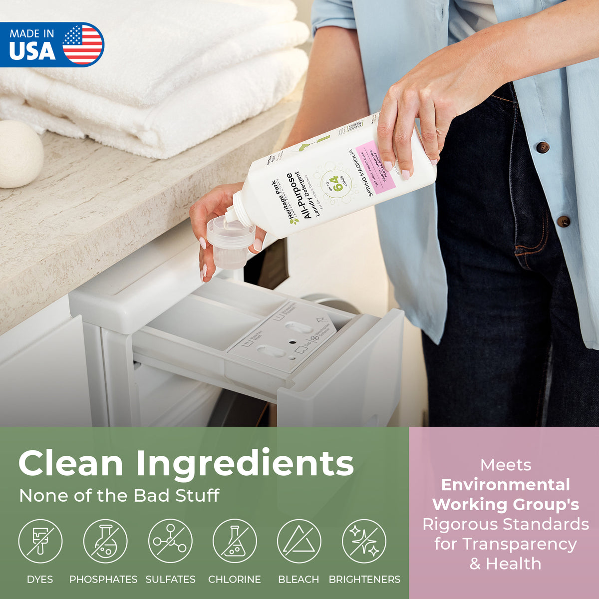 Person pouring a bottle of Non-toxic environment friendly all purpose spring magnolia scented laundry detergent into a washing machine.