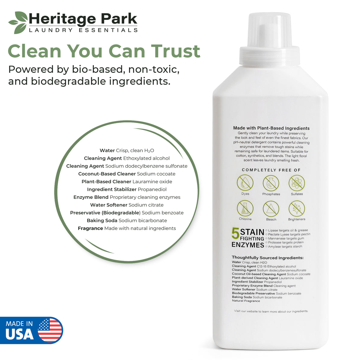 Heritage Park laundry detergent bottle with product details on a white background