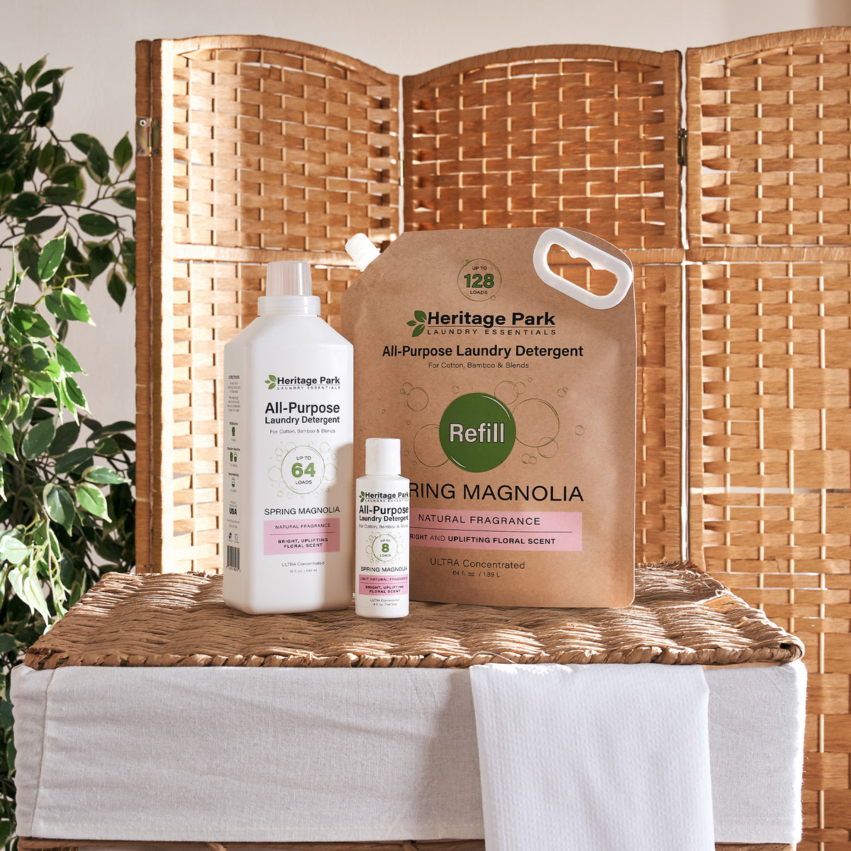 Bottle Sizes and Refill Pack of Heritage Park Luxury All Purpose Laundry Detergent with Spring Magnolia Scent