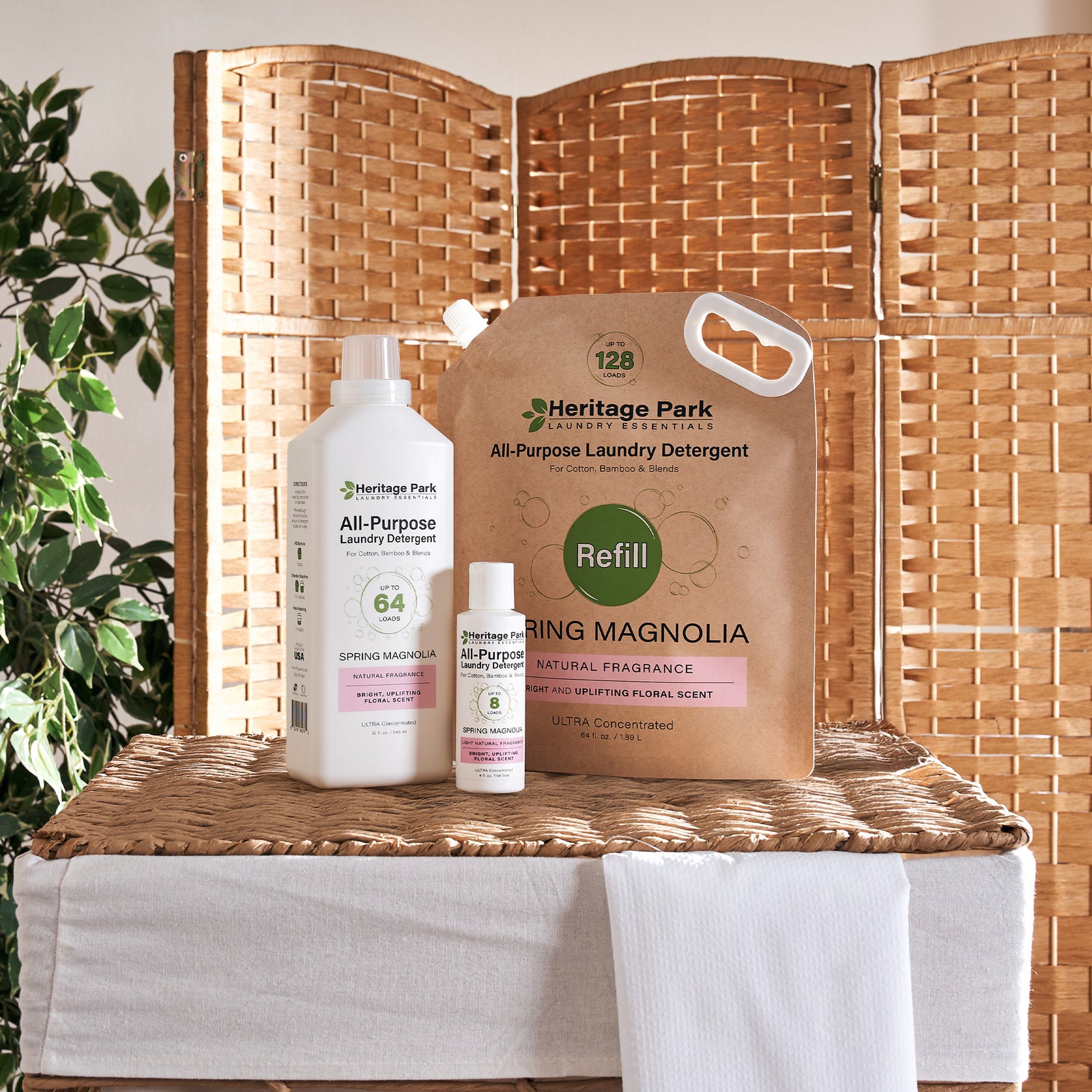 Bottle Sizes and Refill Pack of Heritage Park Luxury All Purpose Laundry Detergent with Spring Magnolia Scent