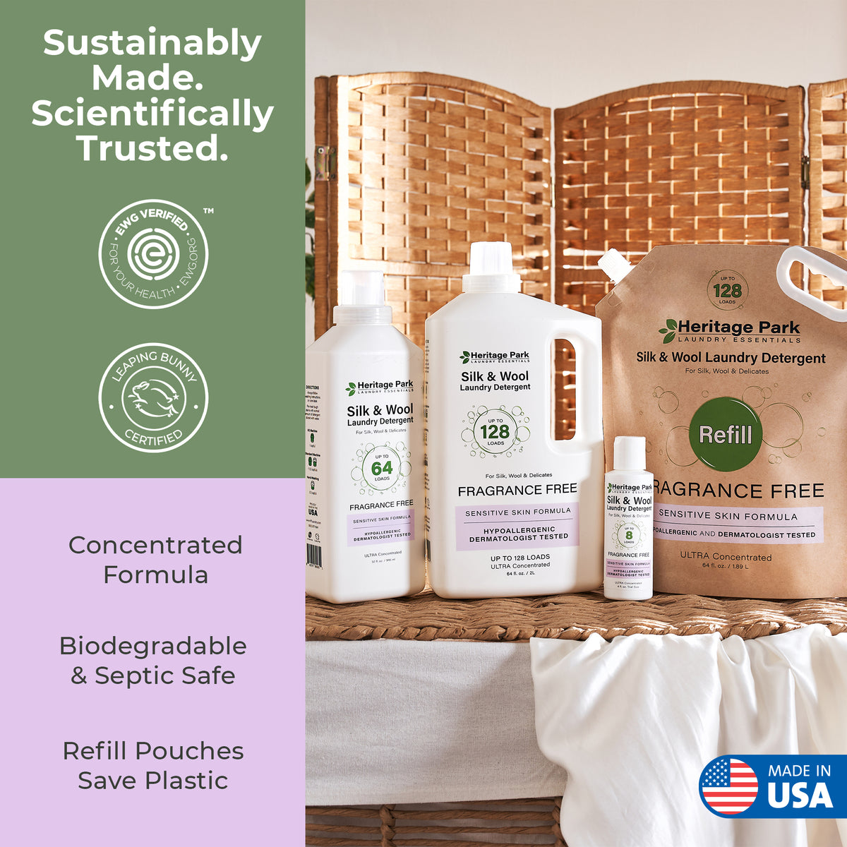 Silk and Wool Fragrance Free Heritage Park laundry detergent products with a text highlighting sustainability and product features.