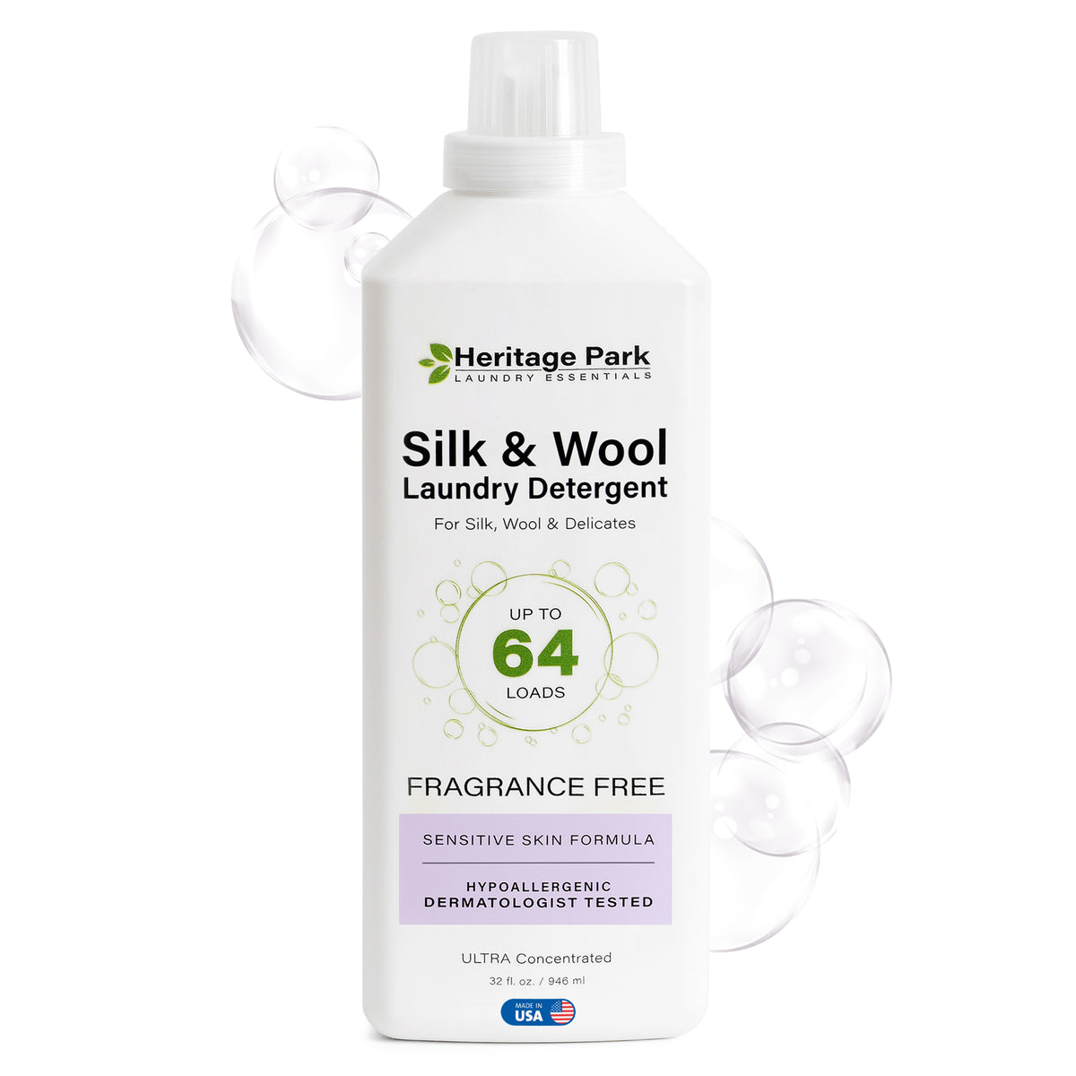 32oz bottle of Fragrance free Heritage Park Luxury for Silk and Wool Laundry Detergent with bubbles in background