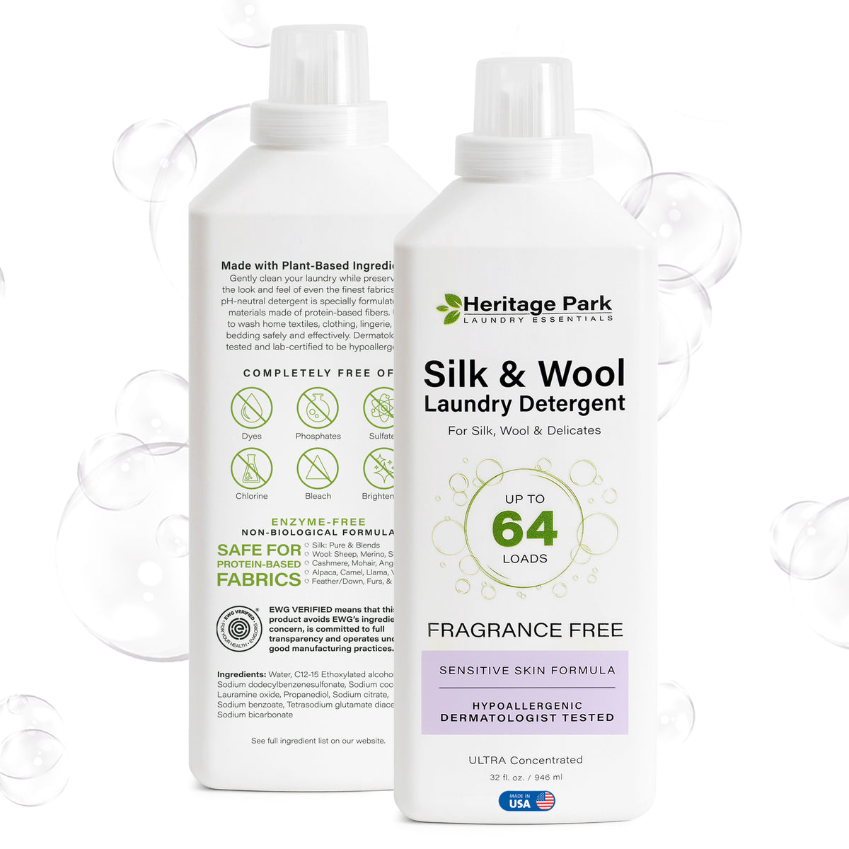 Back and front images of Heritage Park Silk and Wool Fragrance Free 32oz bottle