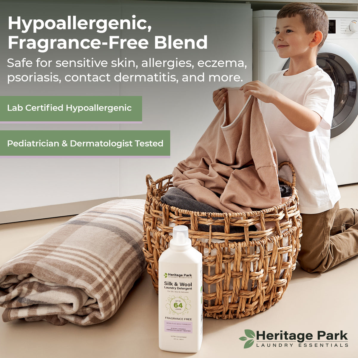 Child with fresh laundry and a bottle of Silk and Wool Fragrance Free Heritage Park laundry detergent, emphasizing hypoallergenic and fragrance-free properties.