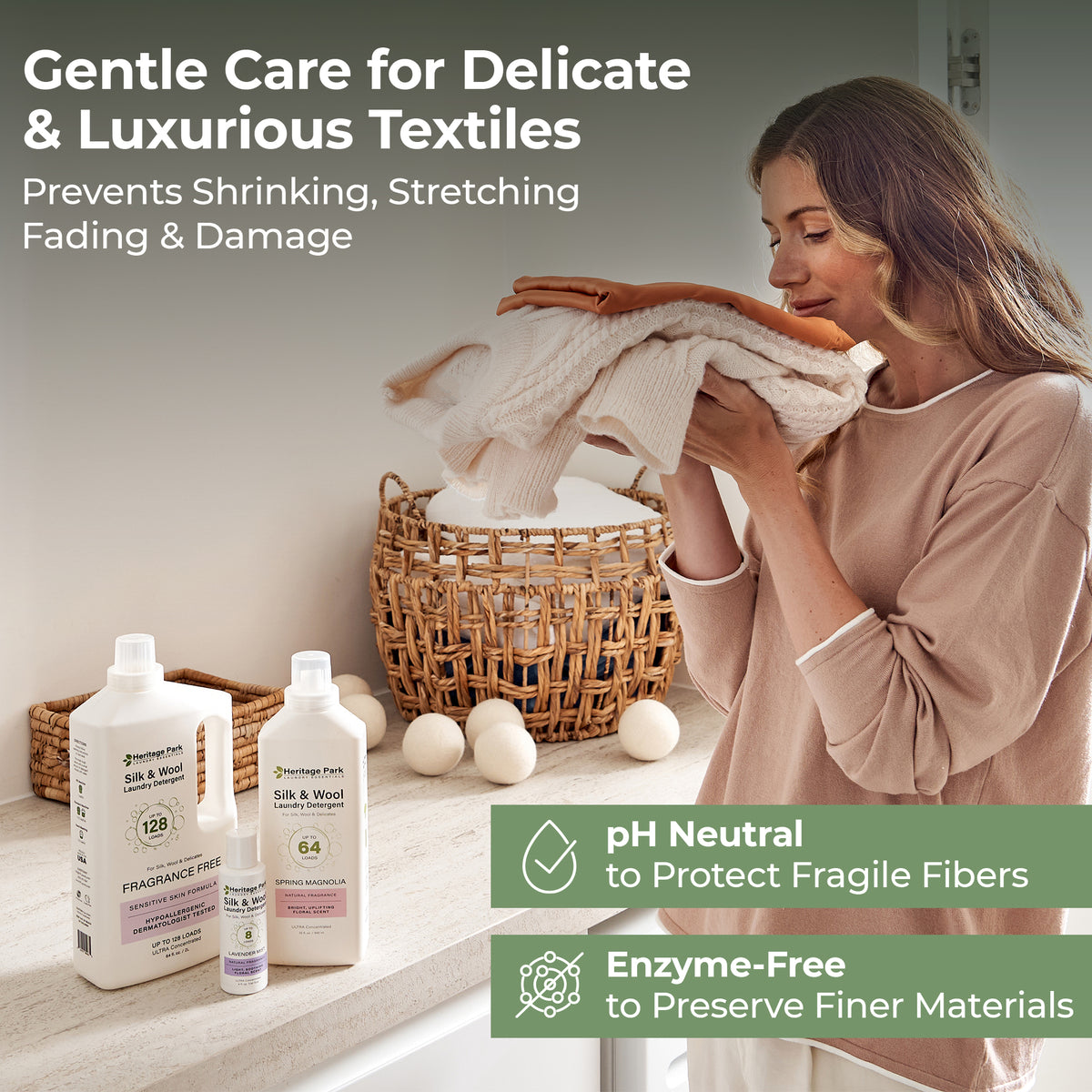 Woman holding clothing with Heritage Park Silk Wool detergent bottles and text highlighting product benefits.