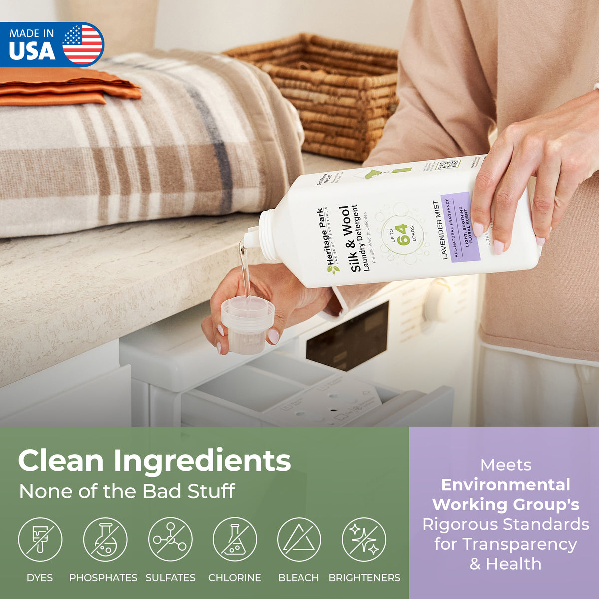 Person pouring a bottle of Non-toxic environment friendly silk and wool lavender mist scented laundry detergent into a washing machine.