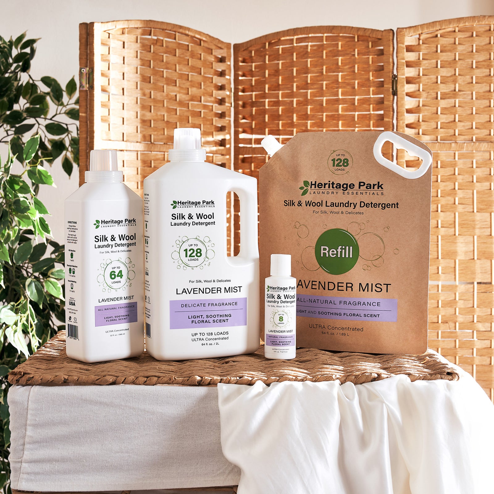Bottle Sizes and Refill Pack of Heritage Park Luxury Silk and Wool Laundry Detergent with Lavender Mist Scent