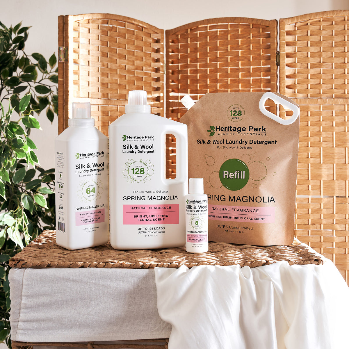 Bottle Sizes and Refill Pack of Heritage Park Luxury Silk and Wool Laundry Detergent with Spring Magnolia Scent