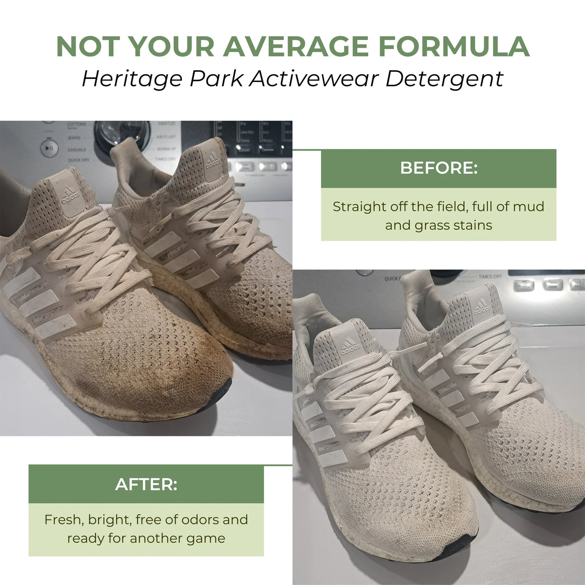 Heritage Park Activewear Laundry Detergent - dirty sneakers before and after