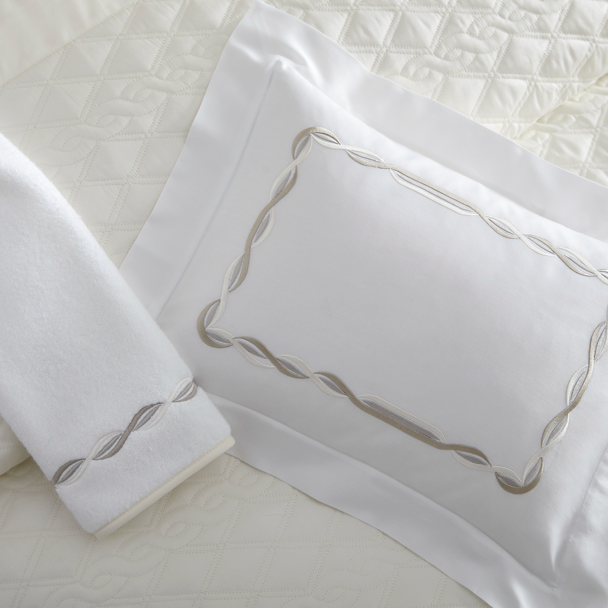 Close-up view of Home Treasures Cadence Bedding in Natural color