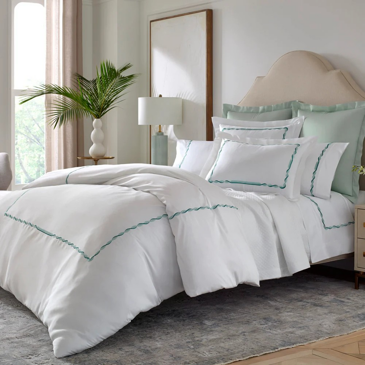 Lifestyle Shot of Home Treasures Cadence Bedding in Aqua Color