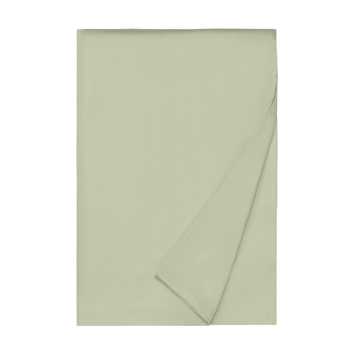 A light green flat sheet, part of our luxury bed linens, is folded neatly with a corner turned over on white background.