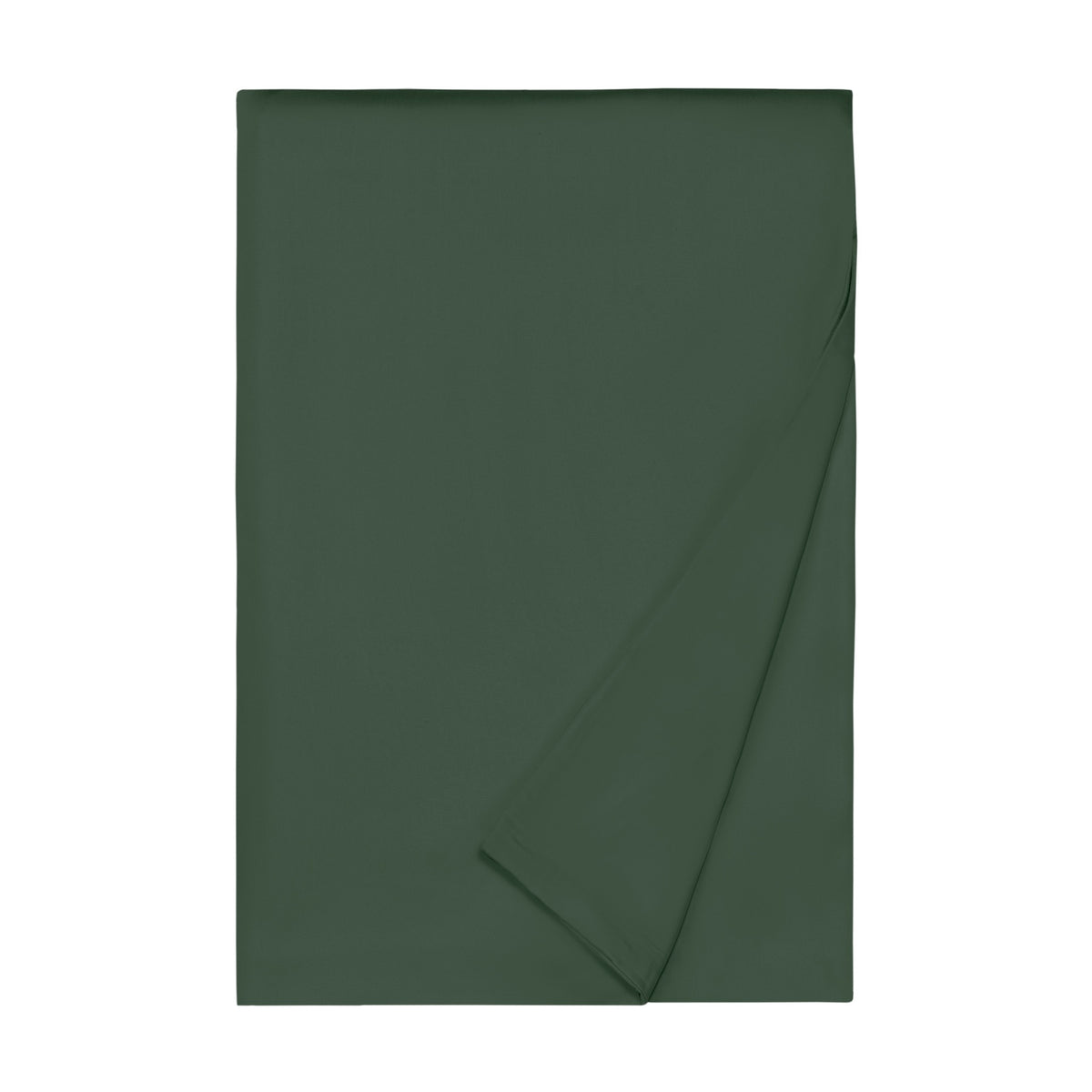 Dark green Egyptian cotton sateen bedding, neatly folded with one corner turned over, on a white background.
