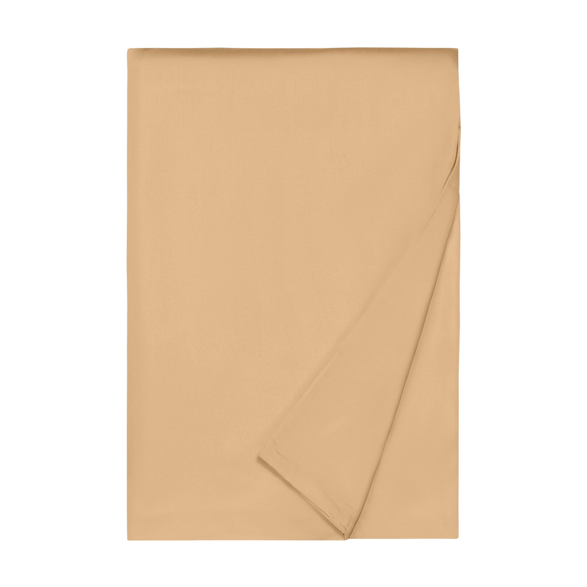 A neatly folded luxury bed linen in light brown with one corner flipped, displayed against a crisp white background.